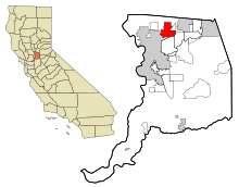 Áreas incorporadas e não incorporadas do condado de Sacramento, Califórnia, Highlands do norte em destaque.