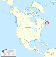 Mapa administrativo da América do Norte, mostrando Saint-Pierre-et-Miquelon em vermelho.