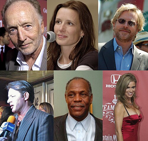 Central actors of the series. From top-left to bottom-right: Tobin Bell, Shawnee Smith, Cary Elwes, Costas Mandylor, Danny Glover, and Betsy Russell