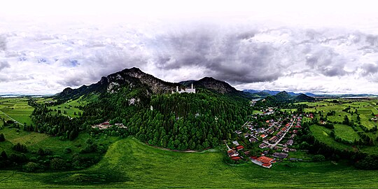 in Panorama, mountain Tegelberg, Neuschwanstein Castle.