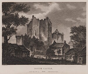 Doune Castle in an 1803 engraving in the publication Scotia Depicta preceding Scott's depiction of the castle in his novel Waverley Scotia Depicta - Doune Castle -Plate-.jpg