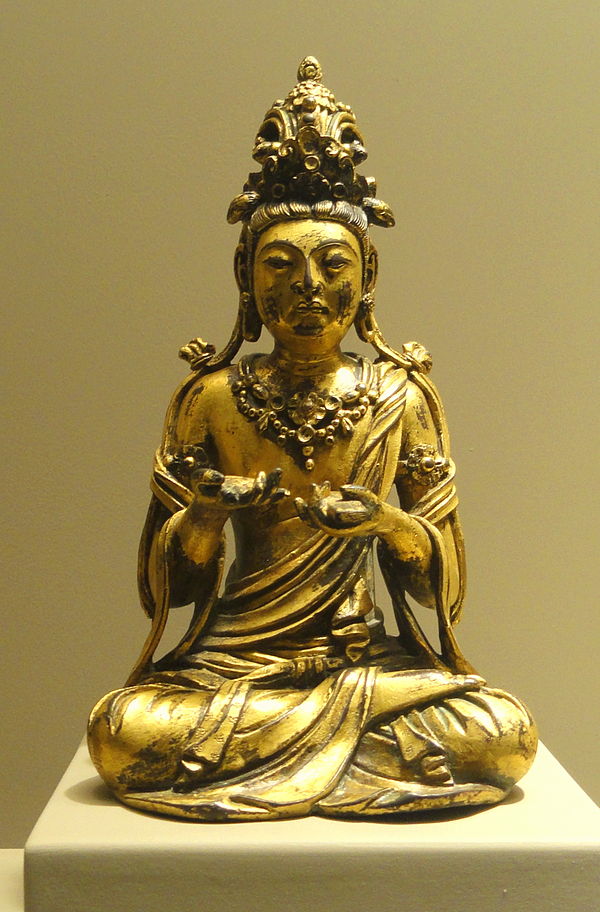 Gilt-copper statue of Mañjuśrī, the bodhisattva of wisdom. Imperial China, Tang or Five Dynasties period, late 9th to early 10th century.