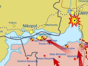The state of the battle of Enerhodar on 1 March 2022 Siege of Enerhodar.png