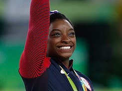 Simone Biles at the 2016 Olympics all-around gold medal podium (28262782114) cropped.jpg