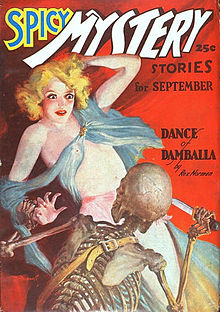 Cover of the pulp magazine Spicy Mystery Stories (Sept. 1937), which introduced the feature "Olga Mesmer, The Girl with the X-ray Eyes" Spicy Mystery Stories Sept 1937.jpg