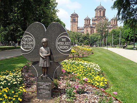 A monument to the children killed in the NATO bombing located in Tašmajdan Park, featuring a bronze sculpture of Milica Rakić