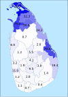 Percentage of Sri Lankan Tamils per district based on 2001 or 1981 (cursive) census