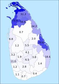 Percentage of Sri Lankan Tamils per district based on 2001 or 1981 (italic) census Sri Lanka Native Tamil.svg