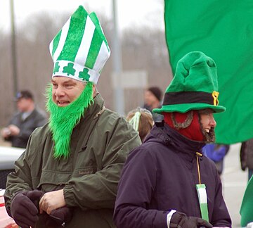 In the culture of the U.S., the celebration of Saint Patrick's Day, by many Americans, not just of Irish descent, is an example of symbolic ethnicity. St. Patrick himself in Dublin, Ohio.jpg