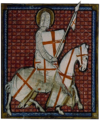 George als kruisvaardersridder, miniatuur uit een ms.  van Vies de Saints, ca.  1340 (BNF Richelieu Manuscrits Français 185)