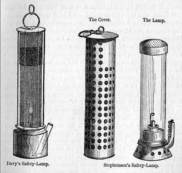 Stephenson's safety lamp shown with Davy's lamp on the left