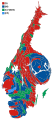 Cartogram of the map to the left with each municipality rescaled to the number of valid votes cast.