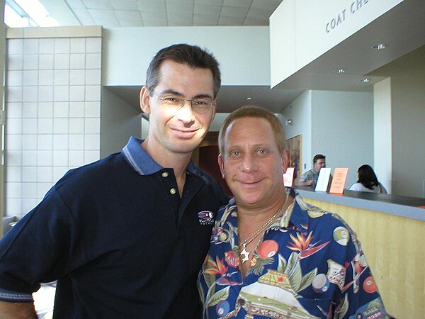 Original U.S. Open promoter Barry Behrman (right) with Rob Sykora of Billiard Club Network (left) at the 2004 event.