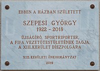 Szepesi György plaque (Budapest-13 Váci út 97).jpg