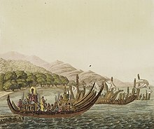 1827 depiction of Tahitian pahi double-hulled war canoes Tahitian warrior dugouts, Le Costume Ancien et Moderne by Giulio Ferrario, 1827.jpg