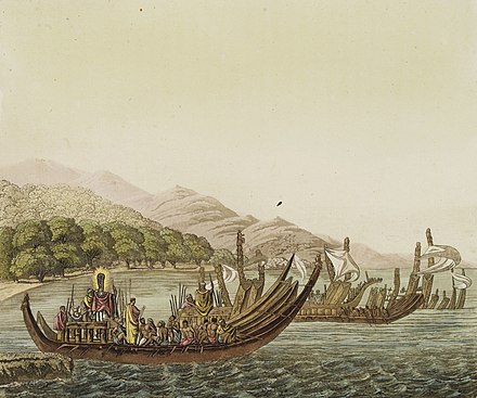 1827 depiction of Tahitian pahi double-hulled war canoes