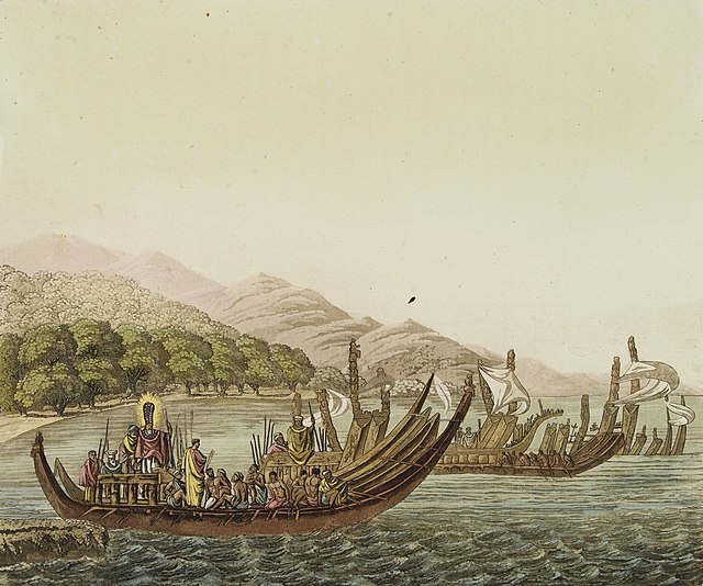 1827 depiction of Tahitian pahi war-canoes