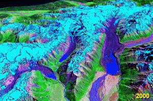 Vasemmalta oikealle: Müller, Hooker ja Tasmanin jäätikkö Etelä-Alpeilla, kuten voidaan nähdä vetäytymisestä vuosina 1990-2000.