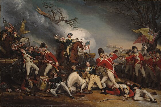 The Death of General Mercer at the Battle of Princeton, January 3, 1777 by John Trumbull, with Leslie, shown on the right, mortally wounded