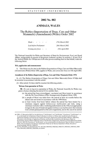 File:The Rabies (Importation of Dogs, Cats and Other Mammals) (Amendment) (Wales) Order 2002 (UKSI 2002-882 qp).pdf