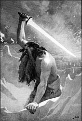 Lindsay borrowed the names "Surtur" and "Muspel" from Surtr, the lord of Muspellsheimr, shown here in a 1909 painting by John Charles Dollman. The giant with the flaming sword by Dollman.jpg