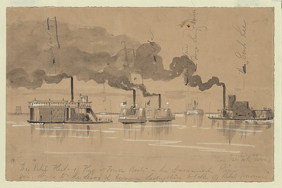CSS Livingston (misspelled Livingstone), Ida, Beauregard and other ships at Savannah River, near Fort Pulaski; under flag-of-truce.