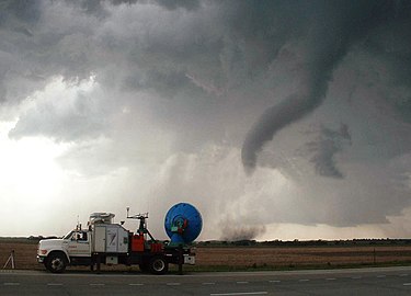 A Doppler on Wheels unit (DOW 3) observing a tornado near Attica, Kansas Tornado with DOW.jpg