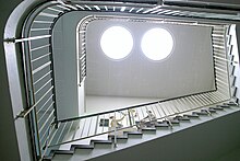 View into the stairwell of the western side building of the Deutsche Rentenversicherung Rheinland-Pfalz in Speyer.