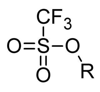 <span class="mw-page-title-main">Triflate</span> Chemical group (–OSO2CF3) or anion (charge –1)