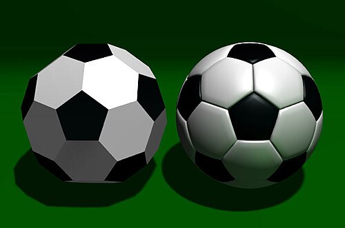 truncated icosahedron with black pentagonal faces and white hexagonal faces, beside a similar-looking 1970s soccer ball