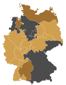 Member churches of the UEK are coloured in light brown, churches with the status of guests to the UEK are kept in a darker brown. The Evangelical Reformed Church is not depicted in the map. UEK.png