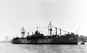 USS Okaloosa (APA-219) moored to a buoy, circa the later 1940s (NH 68349).jpg