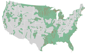 Major remaining wetlands of the United States. Red dots indicate critical wetlands. US Wetlands.svg