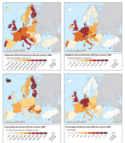 Measures for urban sprawl in Europe: upper left the Dispersion of the built-up area (DIS), upper right the weighted urban proliferation (WUP) Urban sprawl per country.png