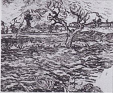 נוף עם עצי זית והרים ברקע, דצמבר 1889, 45 על 55 סנטימטר, מיקום לא ידוע (F663)