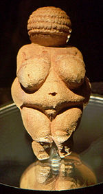 The Venus of Willendorf, figure from between 28,000 and 25,000 BC. Now in the Naturhistorisches Museum, Vienna. An example of prehistoric art. Venus of Willendorf frontview retouched.jpg