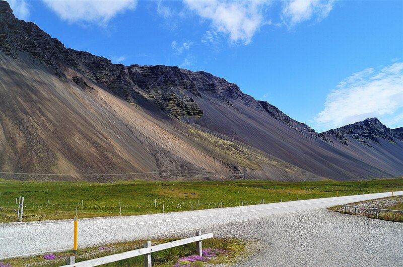 File:View of road and mountains from parking spot near Dynjandi farm, Road 1, Iceland, July 2019.jpg