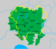 Visconti dominions (green) and today Lombard-speaking area (yellow) Visconti XIV century - Lombard language lmo.svg