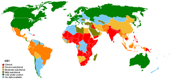 Prevalence of vitamin A deficiency, 1995

.mw-parser-output .legend{page-break-inside:avoid;break-inside:avoid-column}.mw-parser-output .legend-color{display:inline-block;min-width:1.25em;height:1.25em;line-height:1.25;margin:1px 0;text-align:center;border:1px solid black;background-color:transparent;color:black}.mw-parser-output .legend-text{}
Clinical
Severe subclinical
Moderate subclinical
Mild subclinical
VAD under control
No data available Vitamin A deficiency.PNG