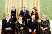 State reception in honour of President of Russia Vladimir Putin and his wife Lyudmila Putina. Front row (left to fight): Crown Prince Willem-Alexander, Mrs Putin, Vladimir Putin, Queen Beatrix. Back row (left to fight): Princess Maxima (Willem-Alexander's wife), Peter van Vollenhoven (Princess Margriet's husband), Princess Margriet (1 November 2005)