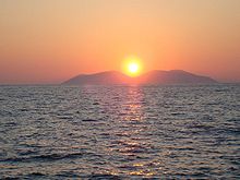 Sunset over Sazan Island as seen from Vlore, Albania. Vlora1.JPG