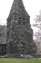 Fieldstone base of the church's stone steeple Waltham MA Christ Episcopal Church steeple.jpg