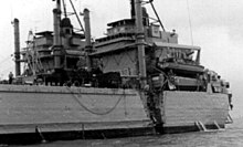 Damage to USS Washtenaw County (LST-1166) as a result of a collision with the SS Kota Selatan while entering Hong Kong Harbor in 1970 Washtenaw County LST-1166 damaged.jpg