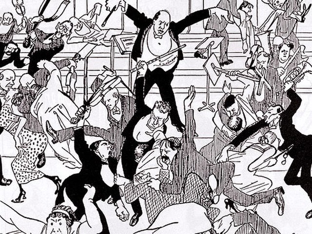 A caricature of the infamous Scandal Concert, conducted by Arnold Schoenberg on 31 March 1913.