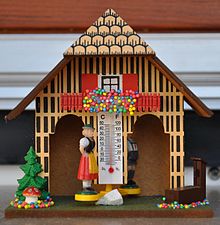 German Wooden Weather House with turning Couple Thermometer 6 x 3 x 5  high