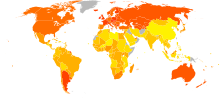 A world map with countries colored to reflect the food energy consumption of their people in 1961. North America, Europe, and Australia have relatively high intake, while Africa and Asia consumes much less.