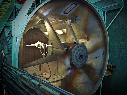 A three percent scale model of the X-48C in NASA Langley's 12 ft (3.7 m) Low-Speed Tunnel