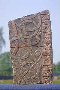 Fragment of runestone from Köpings kyrka, Öland, Sweden, with original paint preserved. 1070–1100.