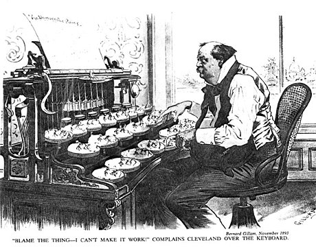 Typewriters were new in 1893 and this Gillam cartoon from Puck shows that Grover Cleveland can not get the Democratic "machine" to work as the keys (key politicians) will not respond to his efforts