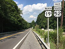View south along US 52 Truck and north along US 19 just northeast of Bluefield 2017-07-21 16 46 26 View north along U.S. Route 19 and south along U.S. Route 52 Truck (Princeton Avenue) at Grassy Branch Road just northeast of Bluefield in Mercer County, West Virginia.jpg